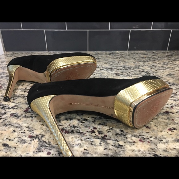 Vince Camuto Suede Black and Gold Platform Shoes - Picture 3 of 4